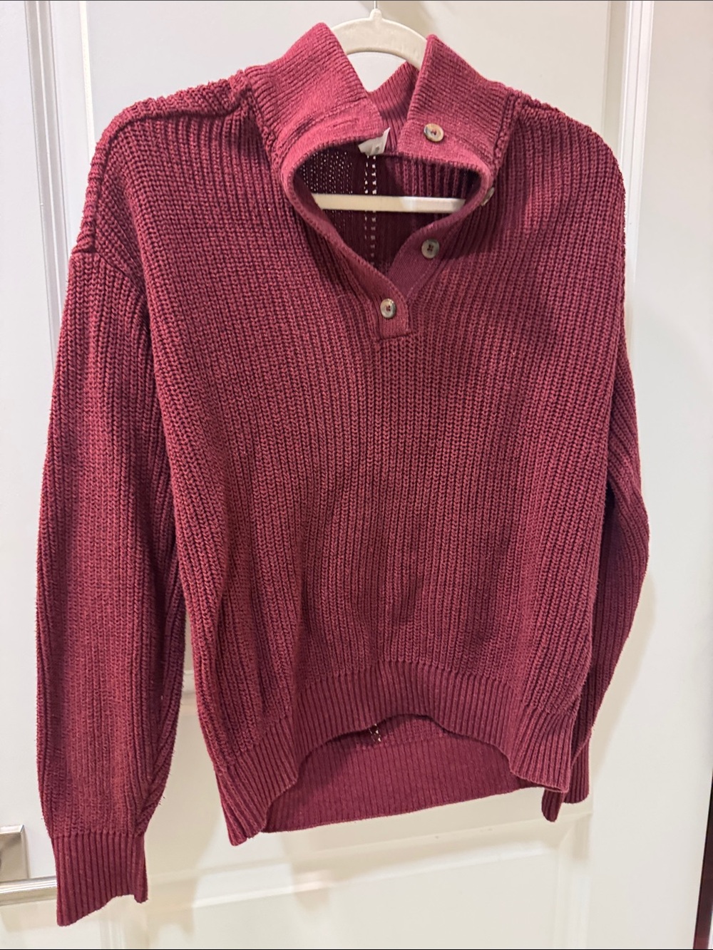 Pact women’s Button-Mock Burgundy Knit Sweater